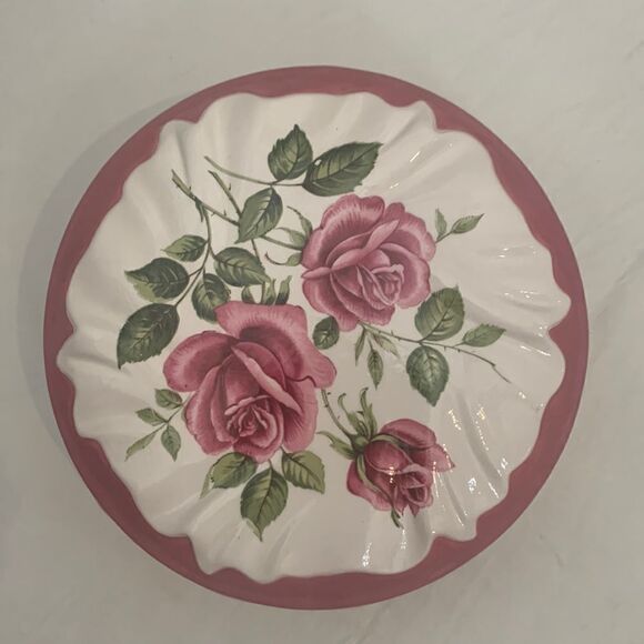 Rose Handcrafted Porcelain Pink White Green Floral Rice Trinket Bowl Jar 32 Oz - Picture 1 of 5